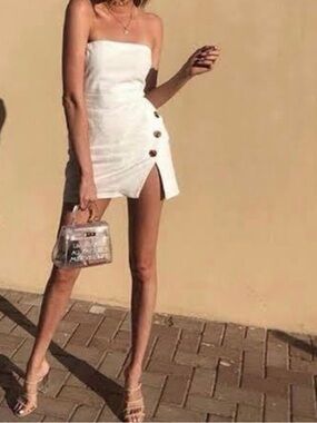 Bec& Bridge Strapless beige Mini Dress with Side Button Detail